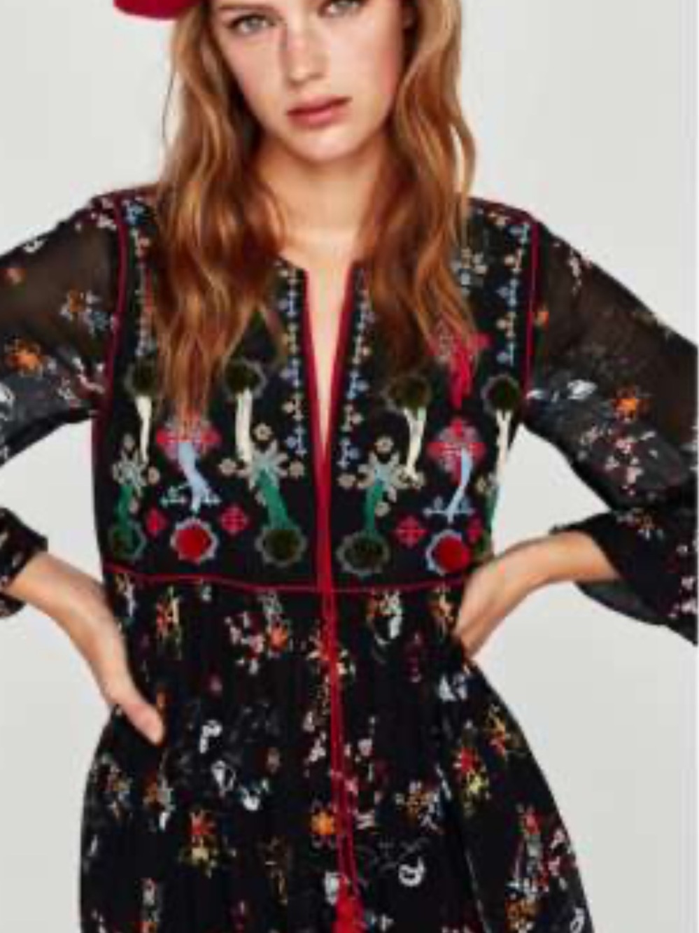 Zara Woman Black Embroidered Boho Mini Dress XL Tassel Pom Pom Floral Tunic